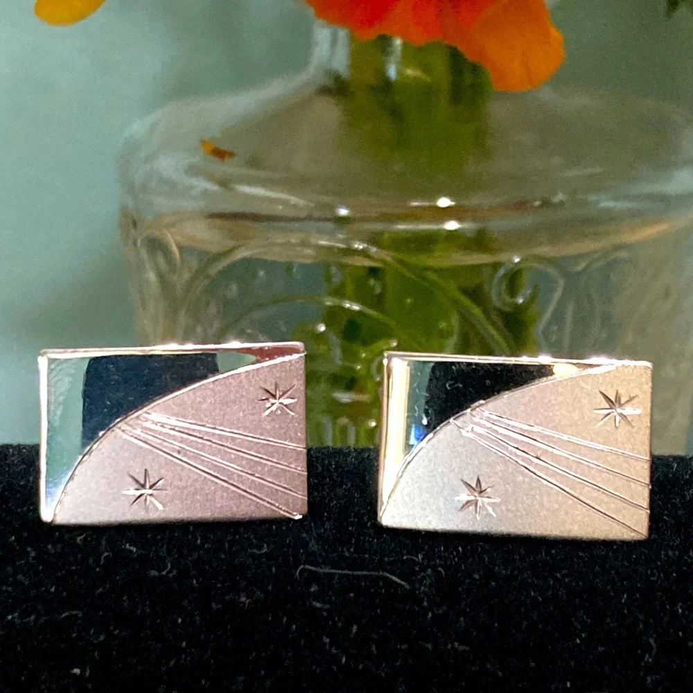 Vintage Sterling Silver brushed/high polish starburst rectangular cuff links